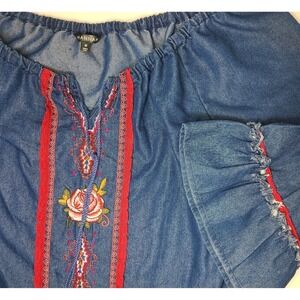 Hannah Embroidered Denim Peasant Top Womens M Boho Floral Off Shoulder